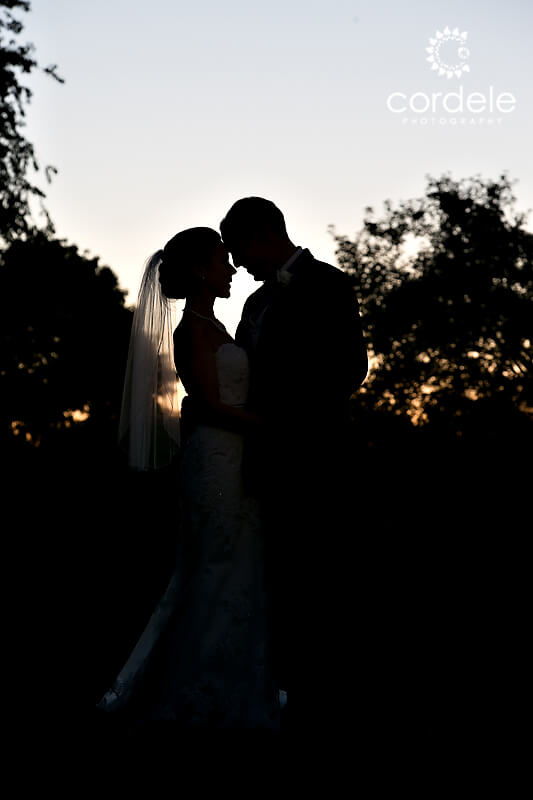 Bride and groom at sunset at the endicott estate