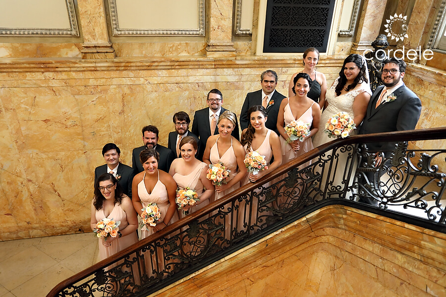 Bridal party on steps of the providence public library inside